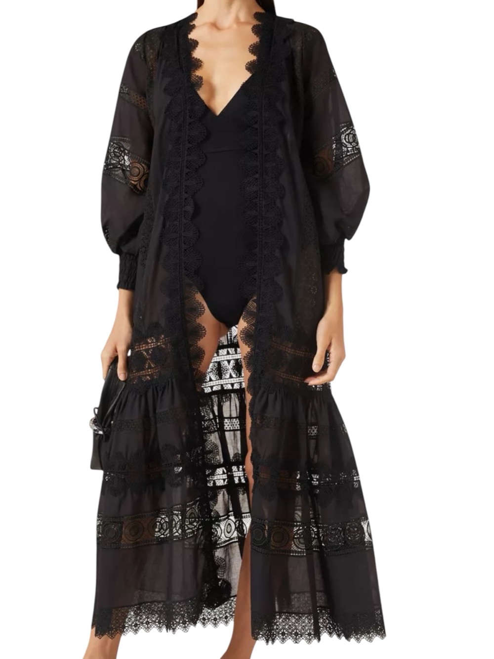 Waimari Black Chia Crochet-trim Kimono in Cotton Lace Dress / coverup / duster